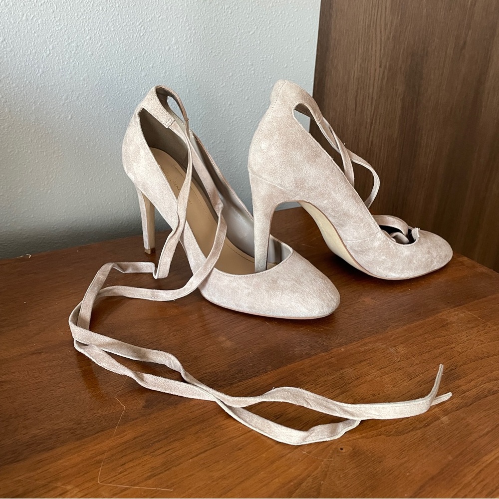 Elegant Beige Suede Women's Heels with Ankle Wrap
